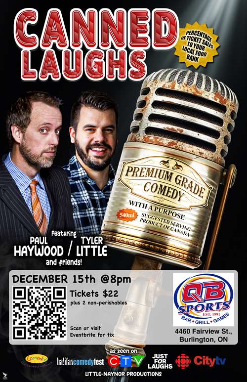 QB Sports Bar presents Canned Laughs a comedy show on Dec 15th at 8PM. Tickets are available on line.